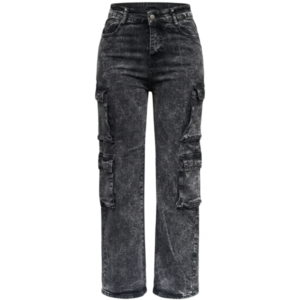 Female Acid Wash Multi-Pocket Cargo Jeans Black
