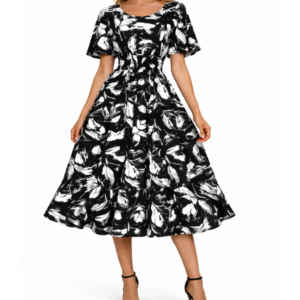 Womens Monochrome Abstract Flare Midi Dress