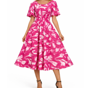 Womens Vibrant Abstract Smocked Midi Dress