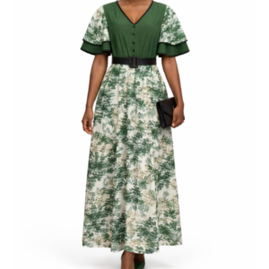 Womens Botanical Contrast Belted Maxi Dress