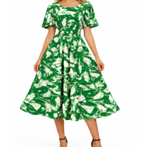 Womens Emerald Abstract Smocked Midi Dress