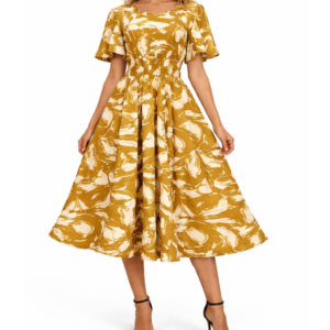 Womens Golden Abstract Smocked Midi Dress