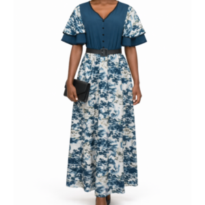 Womens Abstract Contrast Belted Maxi Dress