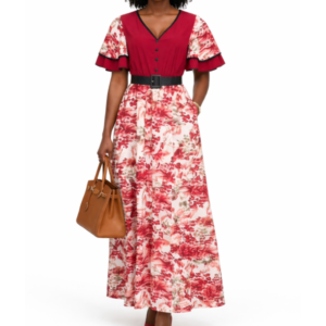 Womens Floral Contrast Belted Maxi Dress