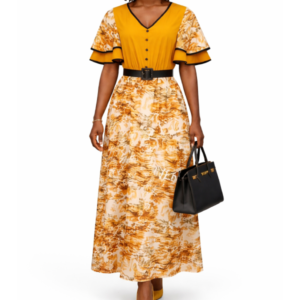 Golden Floral Contrast Belted Maxi Dress