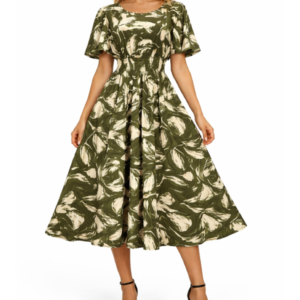 Womens Olive Botanical Smocked Midi Dress